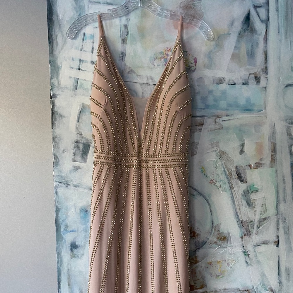Gorgeous blush pink gown with gold beads.